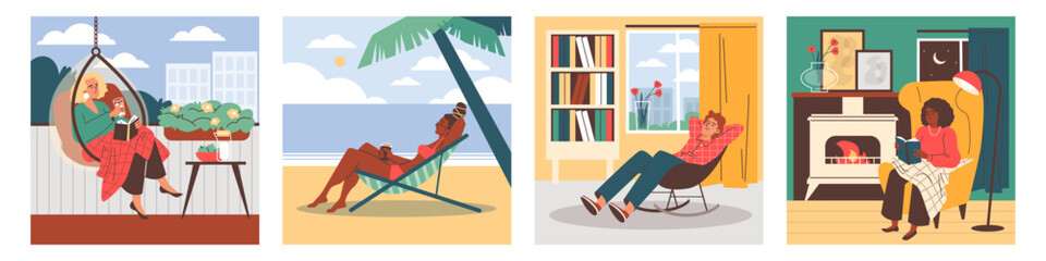 A vector set with girls and a guy resting on comfortable chairs.