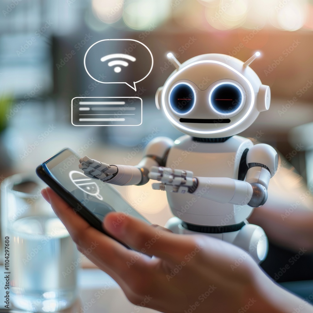 Poster a robot interacting with a smartphone, symbolizing technology and communication.