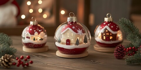 Three shimmering Christmas ornaments hang gracefully, while a cozy house and a twinkling tree create a heartwarming holiday atmosphere.