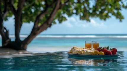 Obraz premium Serene Breakfast by the Pool with Ocean View and Fresh Fruits