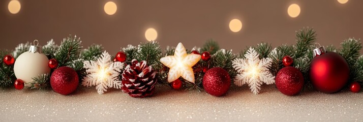 A festive table adorned with sparkling Christmas decorations, twinkling lights shimmer in the background, creating a warm holiday atmosphere.