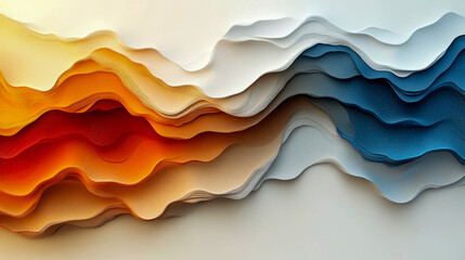 Colorful abstract waves of paper layers in red, orange, blue, and white
