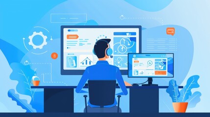 A person working at a desk with dual monitors, focusing on data and analytics.