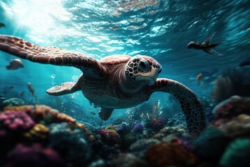 Obraz premium A stunning underwater image featuring a sea turtle gracefully swimming through a vibrant coral reef teeming with colorful fish and marine life, showcasing ocean beauty.