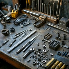Fototapeta premium Metalworking tools, parts, and supplies scattered on workbench.