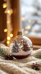 A delicate glass ornament captures a winter wonderland within, featuring glistening snowflakes and a serene snow scene, perfect for the festive season.