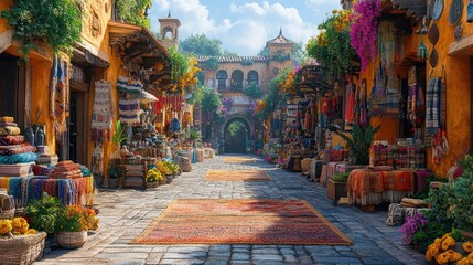 Fototapeta premium Sunny cobblestone street in a vibrant marketplace with colorful textiles and flowers.