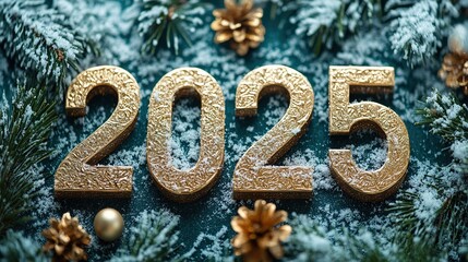 The golden figures 2025 made of candles on a black stone slate background are decorated