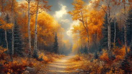 Golden autumn path through aspen trees and evergreens in a hazy forest.