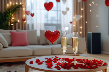 Modern living room with decorations for celebrating Valentine's Day, glasses of champagne