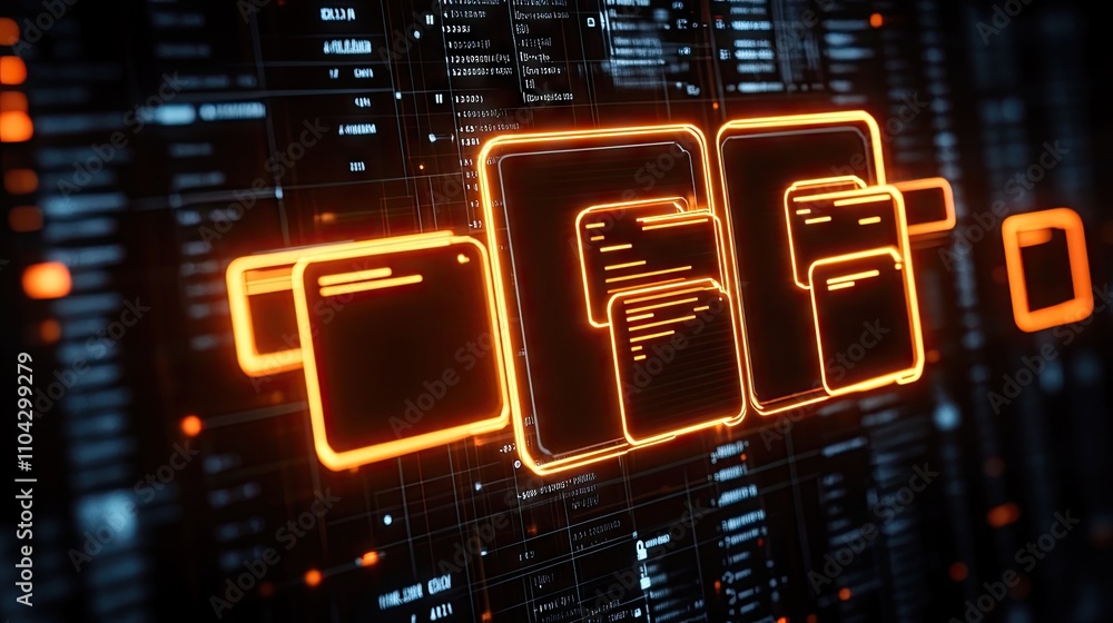 Poster digital data interface with glowing files and futuristic background