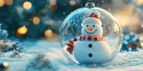 Obraz premium Happy snowman in the christmas bauble over the winter. world winning photo created by ai