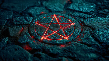 An inverted pentagram, an occult symbol glowing with a bright red hellish glow, a pentagram used in numerous occult rituals.