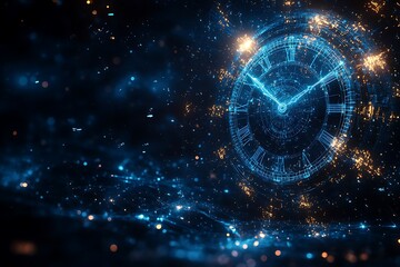 Obraz premium Abstract clock face in blue and gold cosmic space