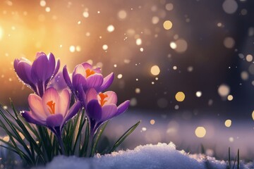 Colorful crocuses blooming in the snow during early spring with sunlight shining above