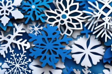 Fototapeta premium An artistic composition of beautiful blue and white snowflakes, showcasing the delicate details and tranquility of winter, perfect for evoking seasonal vibes and inspirations.