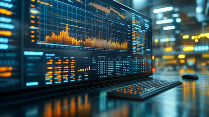 Financial data analytics on digital screens in modern office setting