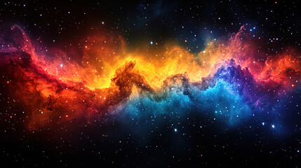 Fototapeta premium Vivid cosmic nebula revealing brilliant hues of orange, purple, and blue in an expansive star-filled universe. Generative AI