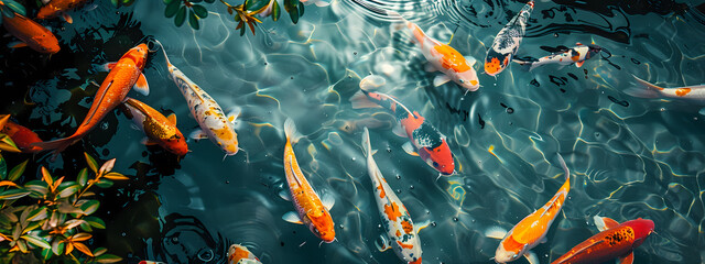 A serene pond filled with vibrant koi fish swimming gracefully among shimmering reflections.
