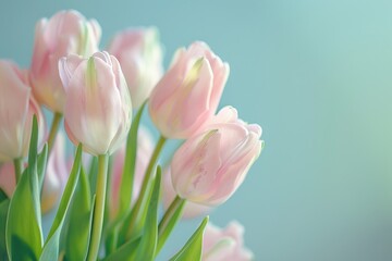 Naklejka premium Soft light pink tulip bouquet on plain background with shallow depth of field