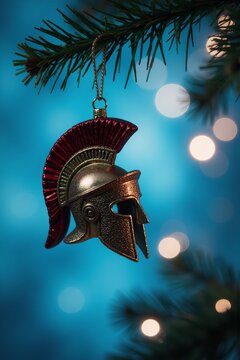 A christmas ornament shaped like an ancient roman helmet