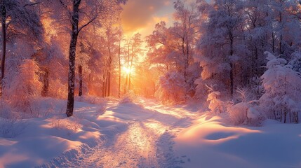 Naklejka premium Magical winter sunset in snowy forest.