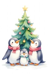 Fototapeta premium Vintage illustration of a cute penguins family wearing scarf arround a christmas tree