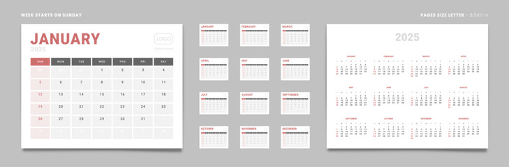 Set of 12 Pages Monthly Calendar Planner Templates and annual. Vector layout of a wall or desktop calendar with the week starting on Sunday ready for printing. Page size Letter -8.5x11