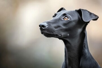 Black dog looking thoughtfully with a soft background in an outdoor setting