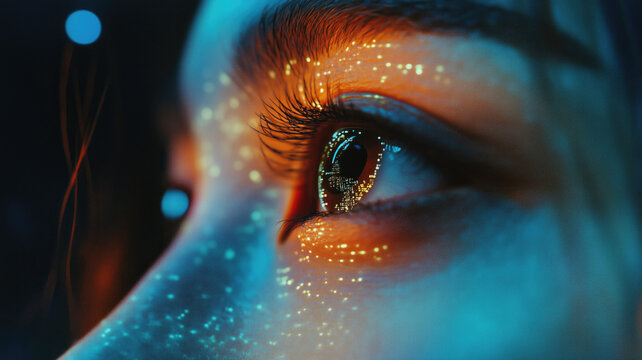 Generative AI image of closeup of woman eye with round lens analyzing information in futuristic world