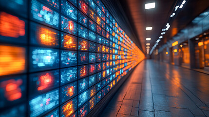 Futuristic urban tunnel with illuminated digital panels in blue and orange