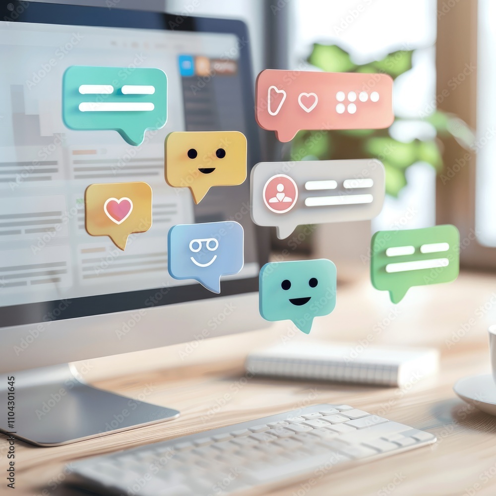 Poster digital communication interface with chat bubbles and icons representing social interactions.