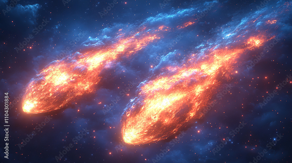 Poster bright comets streaking through a starry cosmic landscape filled with swirling colors and light in o