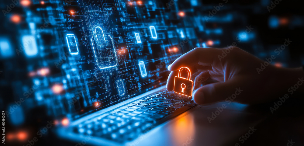 Poster cybersecurity concept with digital padlock and data protection on laptop network
