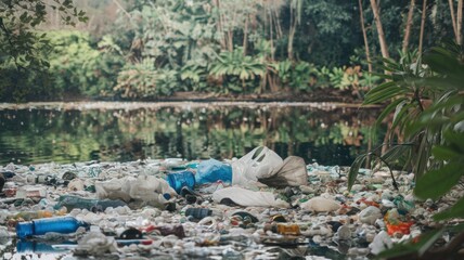 A large amount of plastic pollution in a beautiful lake. The lake is surrounded by nature with trees and plants around the edges. The surface of the lake is covered with bags, bottles and other debris