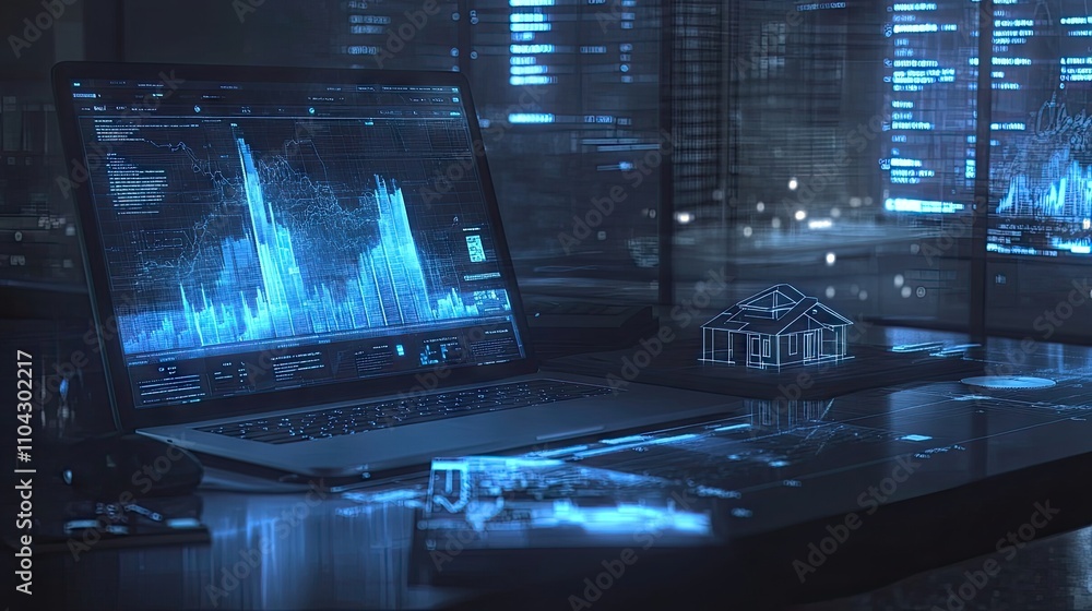 Poster futuristic data analysis setup with digital graphs and house model