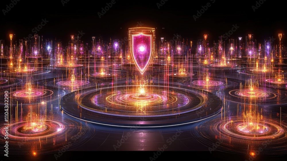 Poster glowing shield with abstract light patterns and digital elements