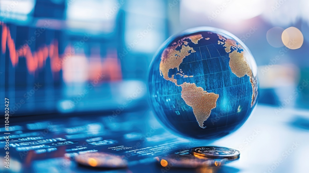 Poster global business concept with globe and financial data background