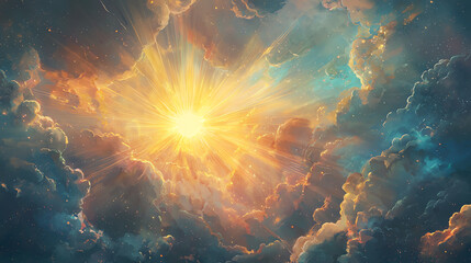 Fototapeta premium Glowing sunbeam breaks through stormy clouds during a dramatic sky transition at sunset