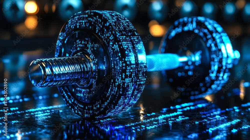 Poster digital dumbbell with binary code representing ai in fitness tracking and workout planning