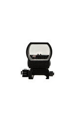 A black tactical reflex sight with adjustment knobs and a mounting base, designed for precision aiming on firearms, isolated on a white back.