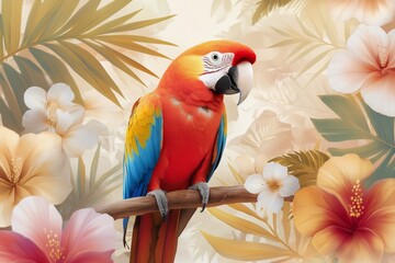 Colorful macaw perched on a branch with tropical flowers in a vibrant jungle setting