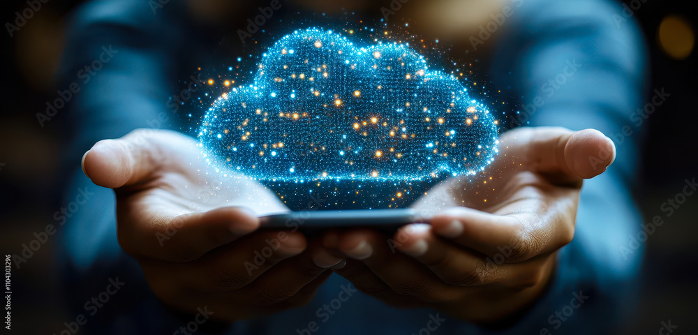 Poster digital cloud computing concept with cyber security and data management visualization