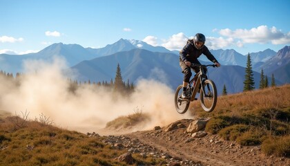 Naklejka premium Dynamic action on mountain biking summer trails