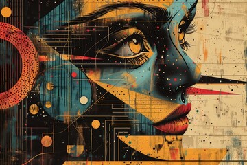 A vibrant, abstract portrait blending technology and human emotion.