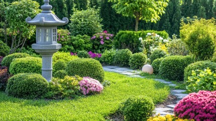 Serene Garden Pathway with Lantern and Blossoming Flowers