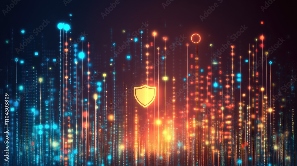 Poster colorful abstract digital background with shield and data points