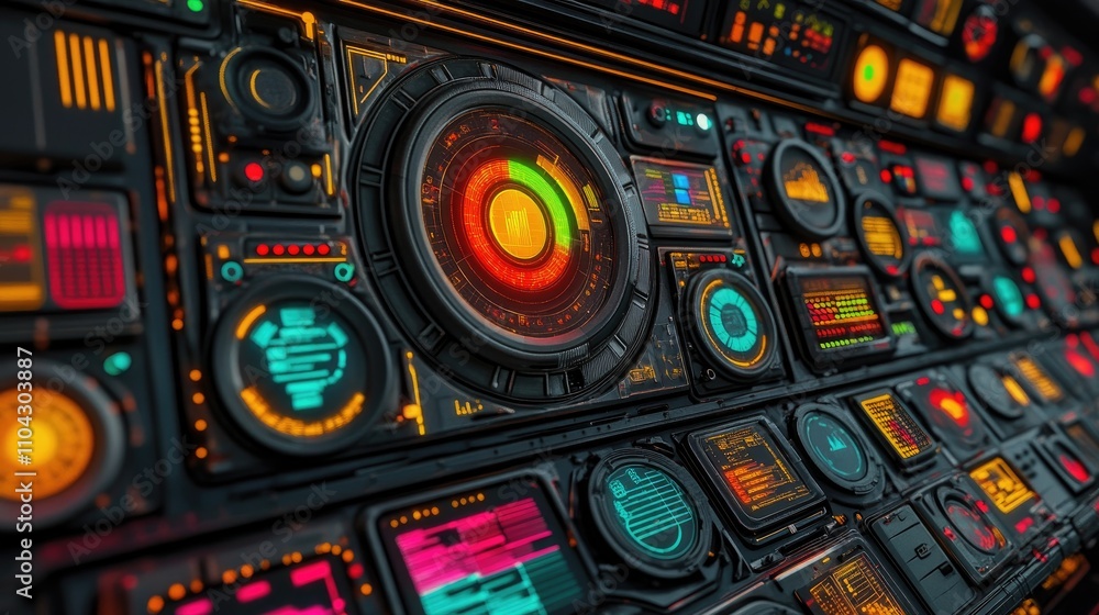 Poster futuristic interface with colorful displays and control panels