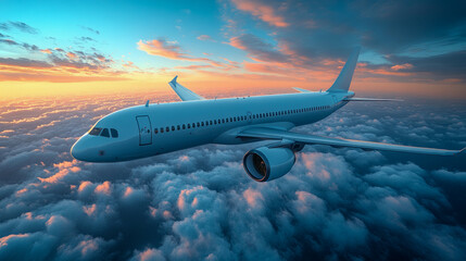 Fototapeta premium Passenger airplane flying above clouds at vibrant sunset