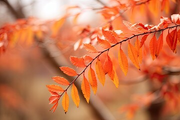 Close up of a sumac tree branch with orange leaves on a blurred background